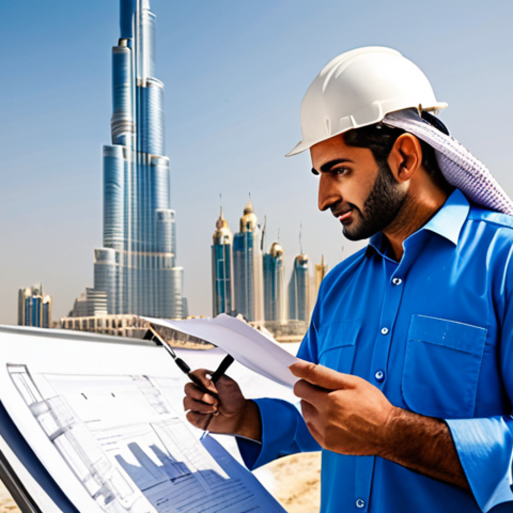 **
"A professional Arab architect, fully clothed in modest, modern attire, reviewing blueprints on a construction site in Dubai, with the Burj Khalifa in the background. Appropriate content, perfect anatomy, natural pose, professional architectural photography, safe for work, family-friendly."
**
