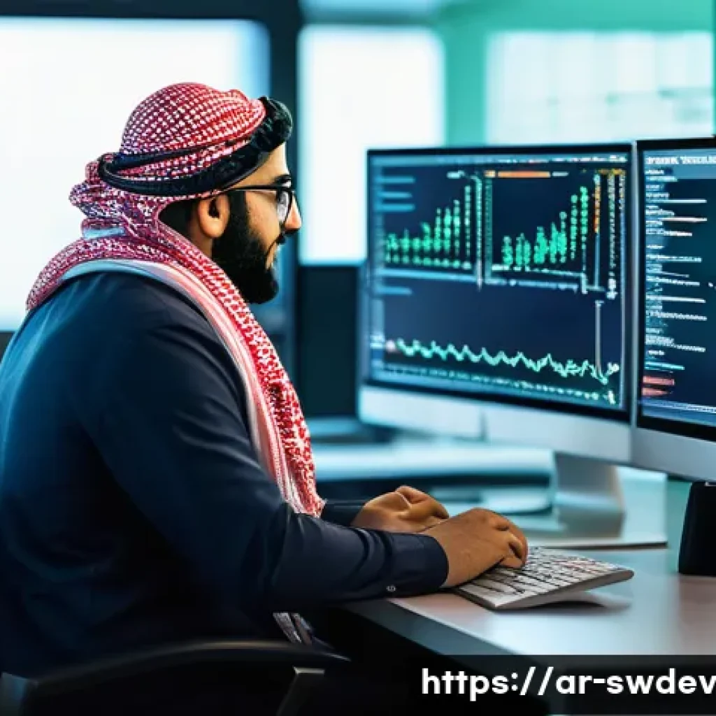 소프트웨어 설계 패턴과 사이버 보안 - A detailed digital illustration of an Arab software developer in a modern office setting, focused on...
