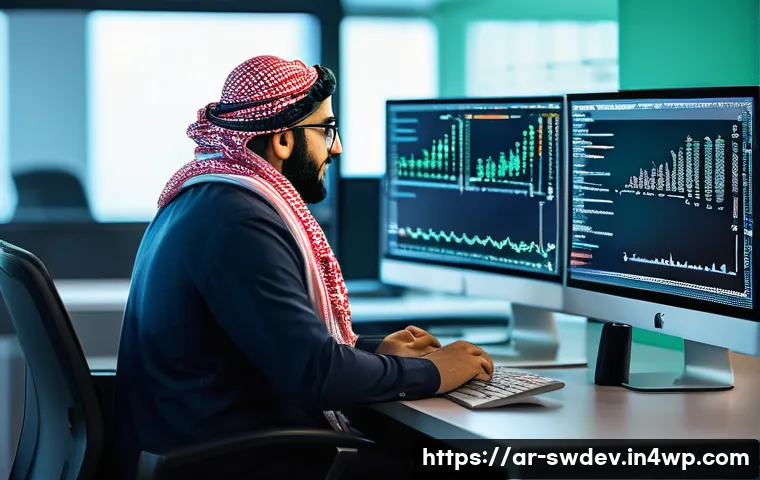 소프트웨어 설계 패턴과 사이버 보안 - A detailed digital illustration of an Arab software developer in a modern office setting, focused on...