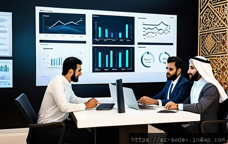 소프트웨어 설계 패턴과 비즈니스 모델 - A modern Arab business office scene showing a diverse team of professionals collaborating on softwar...