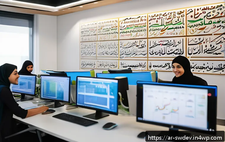 설계 패턴을 활용한 코드 리팩토링 - A modern Arab software development team collaborating in a bright office decorated with traditional ...