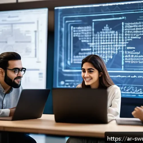 Home 30 소프트웨어 프로세스와 설계 패턴의 연계 - An Arabic software development team collaborating in a modern office, diverse male and female develo...