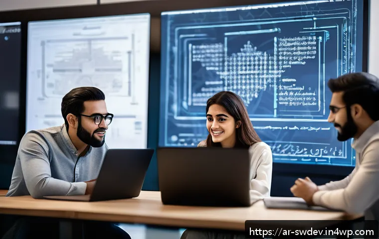 소프트웨어 프로세스와 설계 패턴의 연계 - An Arabic software development team collaborating in a modern office, diverse male and female develo...