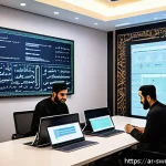 Home 23 소프트웨어 설계 패턴의 역사 - A modern software development office scene featuring diverse Arab programmers collaborating around a...