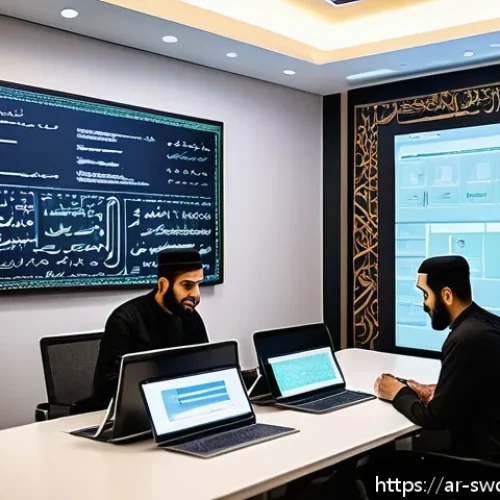 Home 17 소프트웨어 설계 패턴의 역사 - A modern software development office scene featuring diverse Arab programmers collaborating around a...