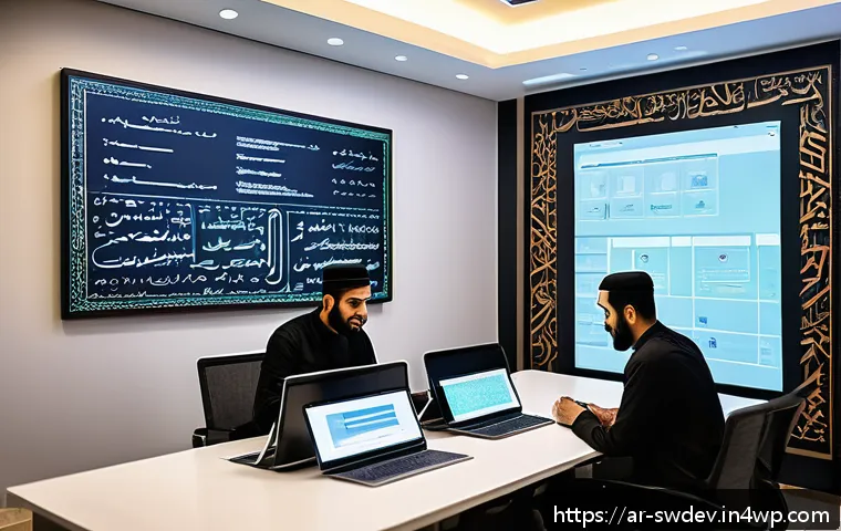 소프트웨어 설계 패턴의 역사 - A modern software development office scene featuring diverse Arab programmers collaborating around a...