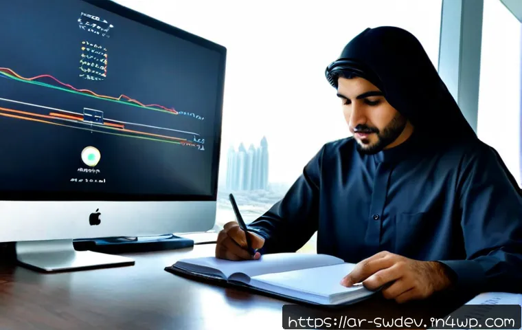 소프트웨어 설계 패턴과 성능 최적화 - Photorealistic modern software architect workspace in Dubai, Arab developer in modest professional a...